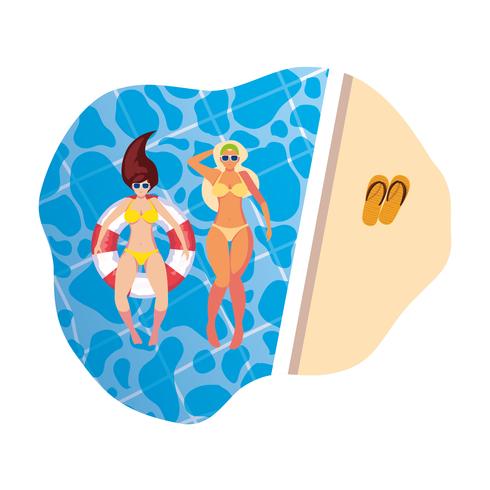 girls with swimsuit and lifeguard float in pool vector