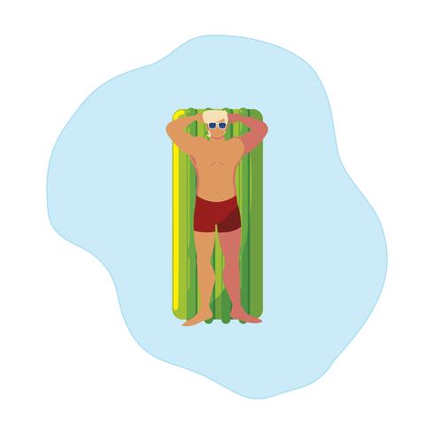 Hombre joven con traje de baño y colchón flotante en agua. vector