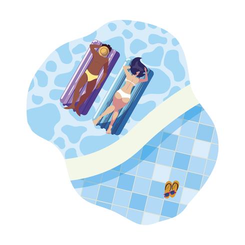 interracial couple with float mattress in water vector