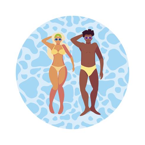 interracial couple with swimsuit floating in water vector