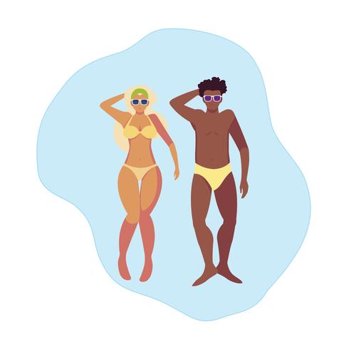 interracial couple with swimsuit floating in water vector