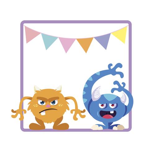 square frame with funny monsters and garlands hanging vector