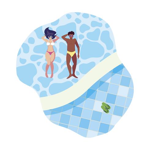 interracial couple with swimsuit floating in water vector