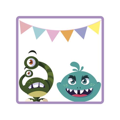 square frame with funny monsters and garlands hanging vector