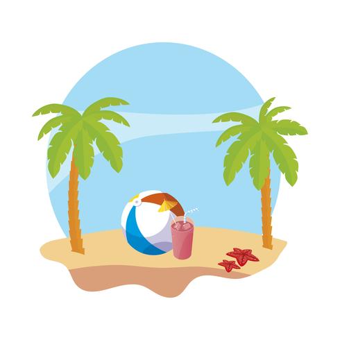 Playa de verano con palmeras y globo de juguete. vector