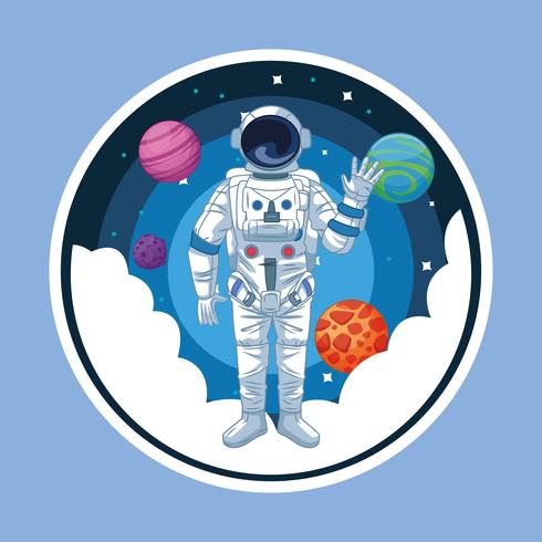 Astronauta en el icono redondo de la historieta de la galaxia vector