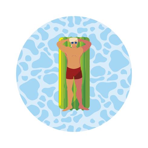 Hombre joven con traje de baño y colchón flotante en agua. vector