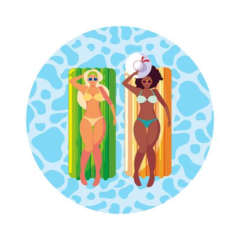 beautiful interracial girls with float mattress in water vector