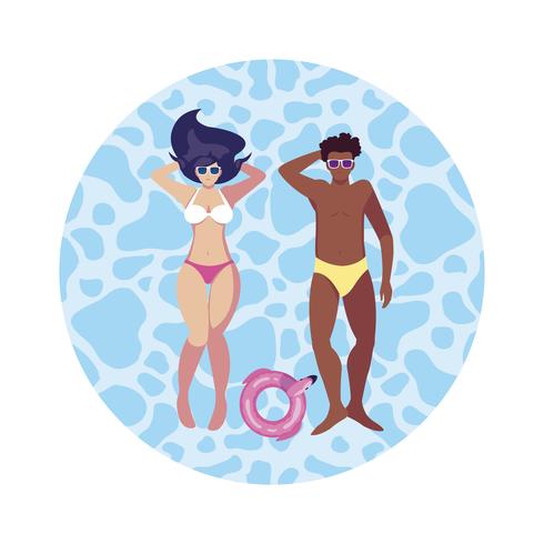 interracial couple with swimsuit floating in water vector