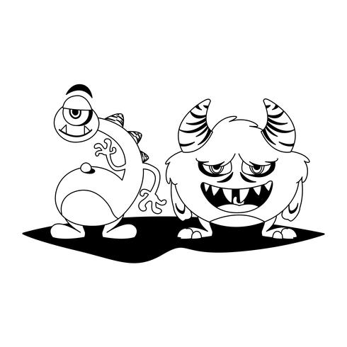 funny monsters couple comic characters monochrome vector