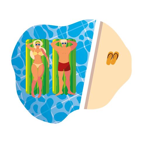 young couple with float mattress in pool vector