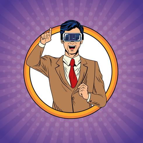 Businessman virtual reality pop art cartoon vector