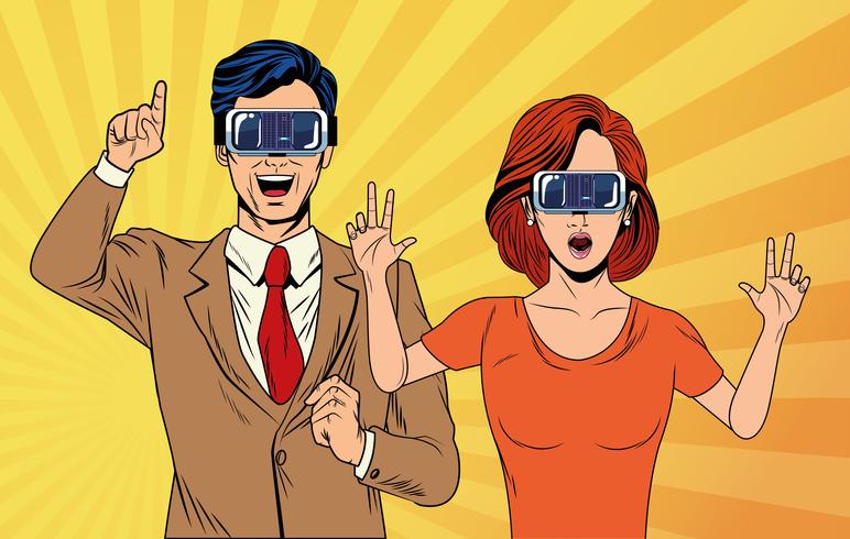 pop art couple using virtual reality glasses vector