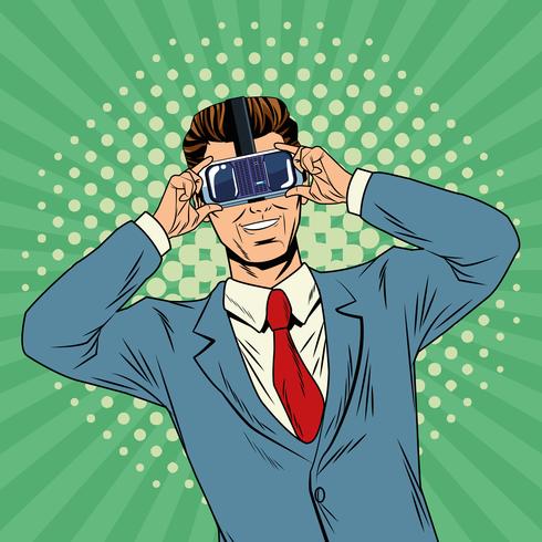 Businessman virtual reality pop art cartoon vector