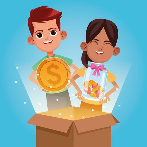 Donación infantil y caricatura caritativa. vector