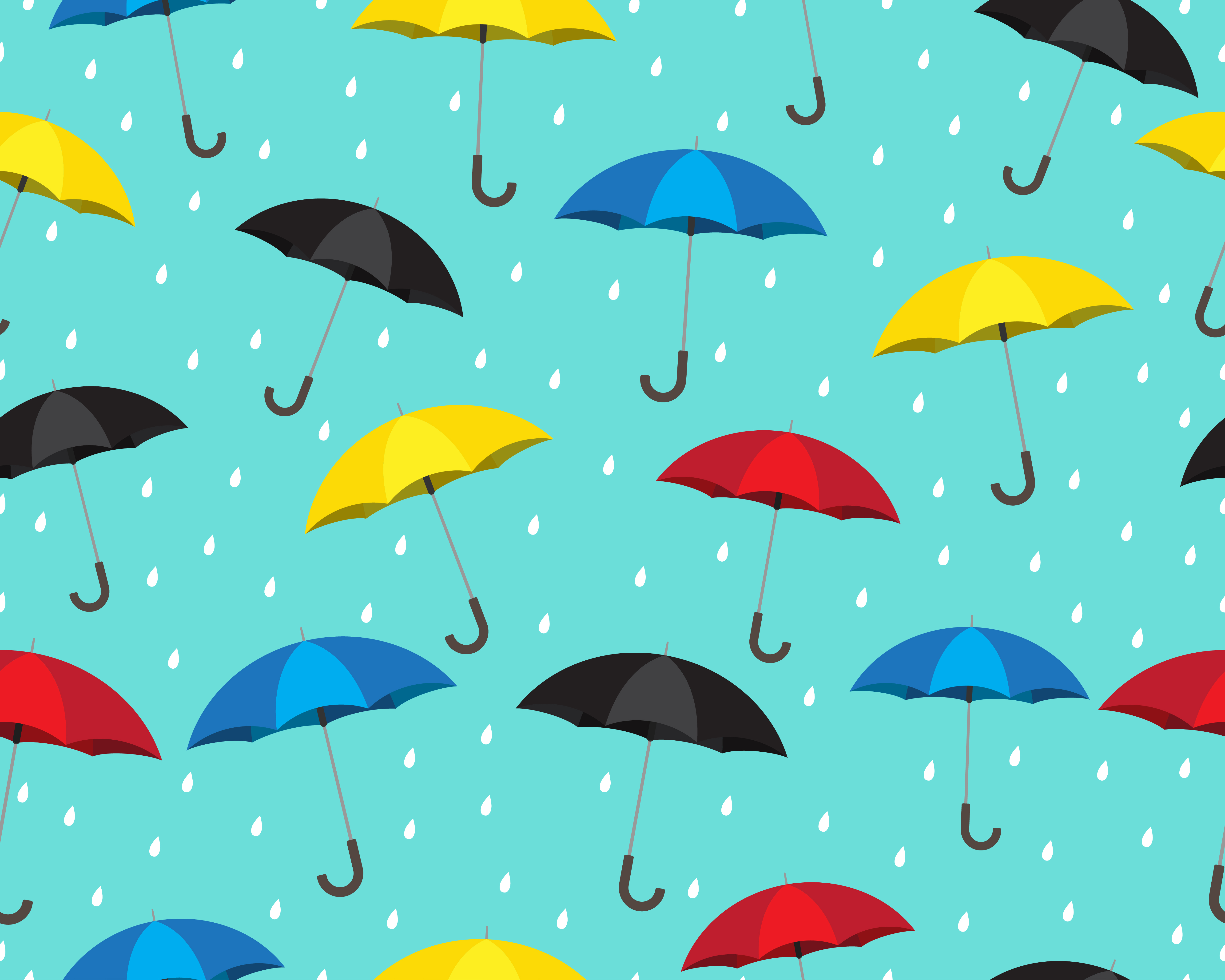 Seamless pattern of colorful umbrella with drops raining on blue