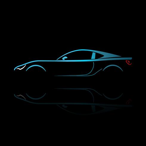 Blue sport car silhouette with reflection on black background. vector