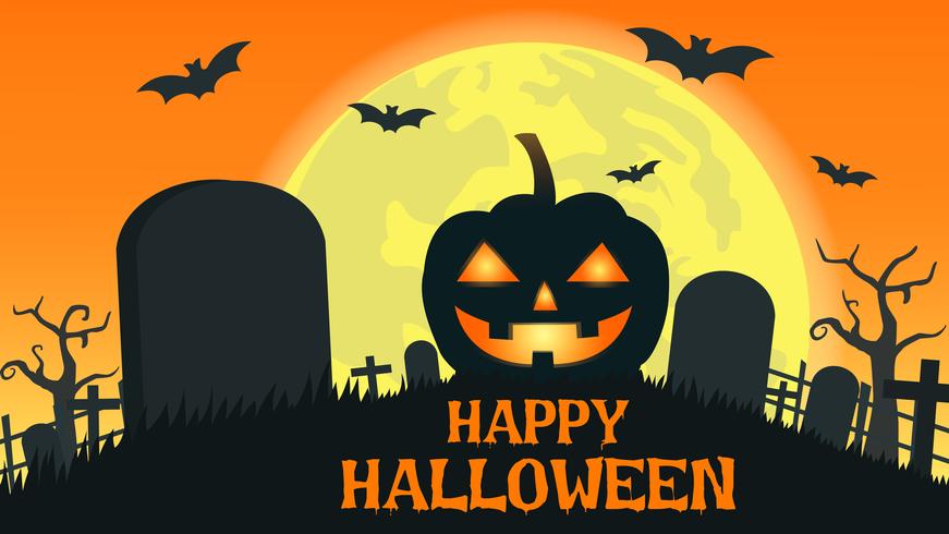 Halloween background with smile pumpkin devil in graveyard and the full moon - Vector illustration