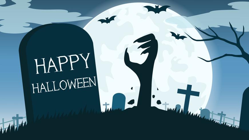 Halloween background with zombies hand in graveyard and the full moon - Vector illustration