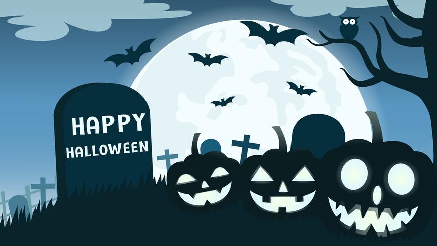 Halloween background with smile pumpkin devil in graveyard and the full moon - Vector illustration