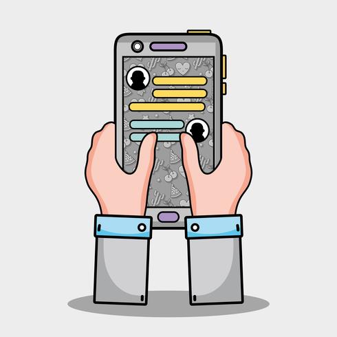 hands with smartphone chat message vector