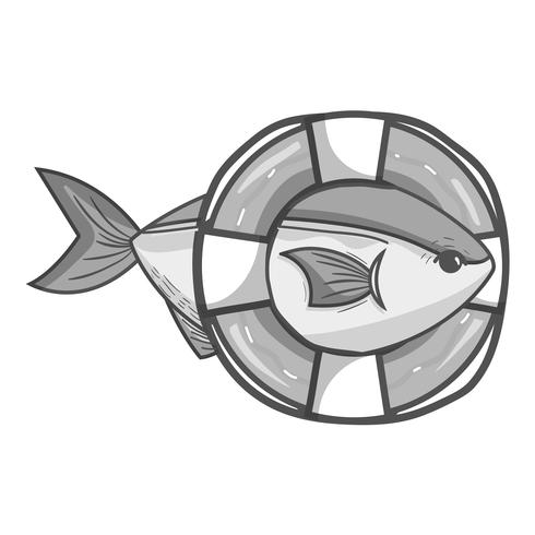 Peces en escala de grises con diseño de objeto salvavidas vector