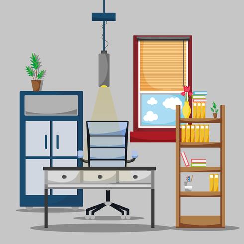 office with desk and accessories flat to work vector
