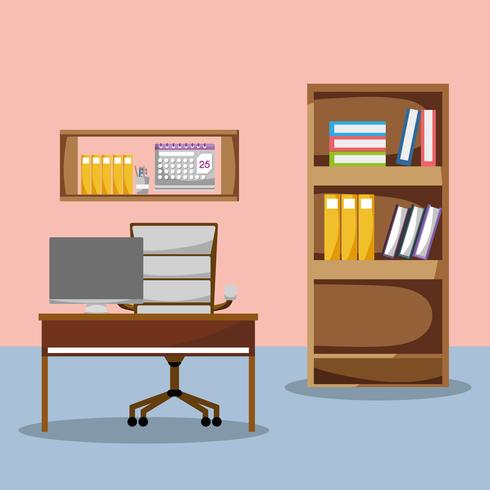 office with desk and accessories flat to work vector