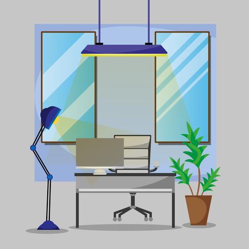 office with desk and accessories flat to work vector