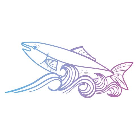 line fish animal in the sea with waves design vector