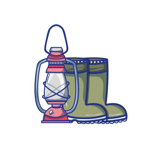 fishing tool old lamp hand and boots vector