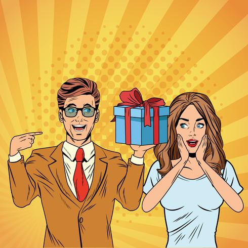 Pop art business couple with present cartoon vector