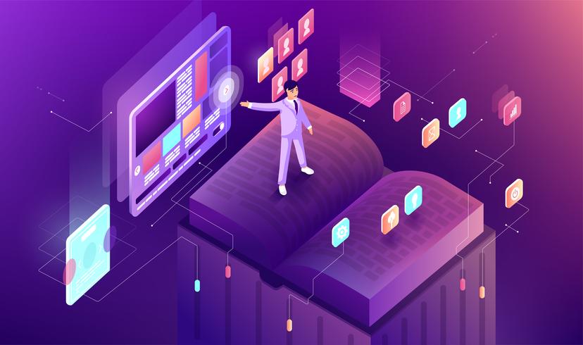Vector illustration gradient isometric business presentation slide book research graph infographic design learning study education work speaker speech orator speechmaker display screen sale training