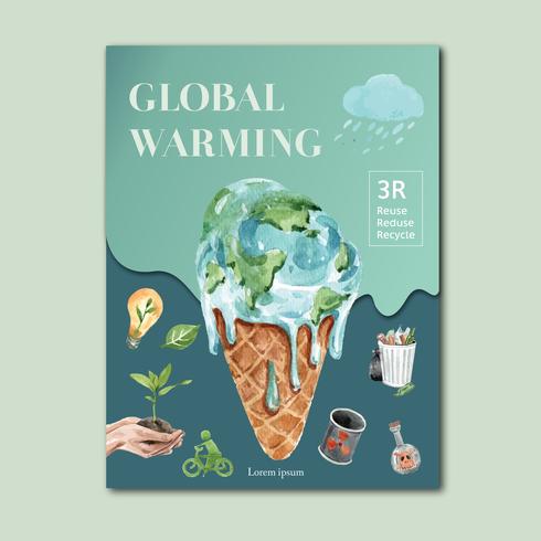 El calentamiento global y la contaminación. Campaña publicitaria de folletos de folletos publicitarios, guardar el diseño de la plantilla del mundo, diseño de ilustración vectorial acuarela creativa vector