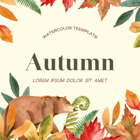 Marco de la temporada de otoño con hojas y animales. Tarjetas de felicitación de otoño perfectas para imprimir, invitación, plantilla, diseño de ilustración vectorial acuarela creativa vector