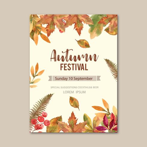 Temporada de otoño Diseño de cartel con hojas y animal. Tarjetas de felicitación de otoño perfectas para imprimir, invitación, plantilla, diseño de ilustración vectorial acuarela vector