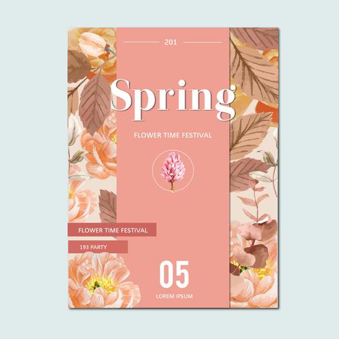 Spring poster fresh flowers, decor card with floral colorful garden, wedding, invitation, watercolor vector illustration design