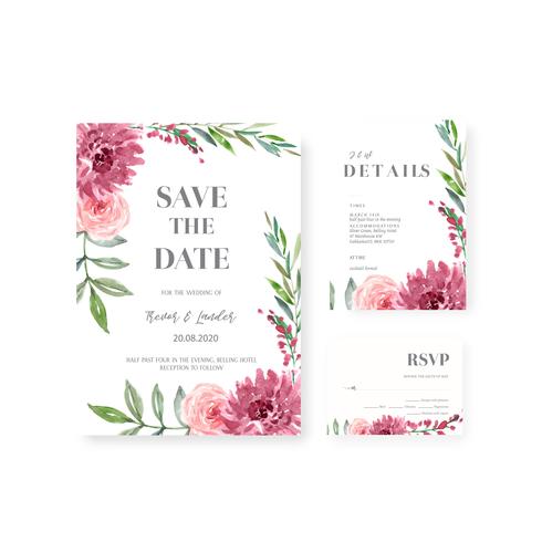 Happy Wedding card floral garden invitation card marriage, rsvp detail. space layout vintage ornament beautiful ,  watercolor vector illustration template collection design