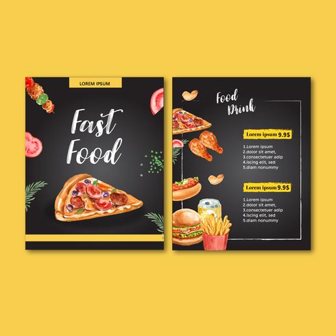 Fast food restaurant menu design. Frame border background menu list appetizer food , template design, creative watercolor vector illustration design