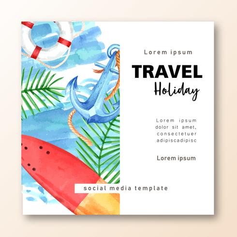 Social media Travel on Holiday summer the beach Palm tree vacation, sea and sky sunlight , creative  watercolor vector illustration design