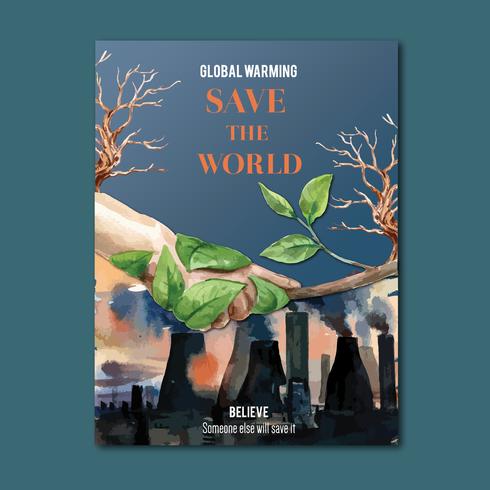 Global Warming and Pollution. Poster flyer brochure advertising campaign, save the world template design , creative watercolor vector illustration design