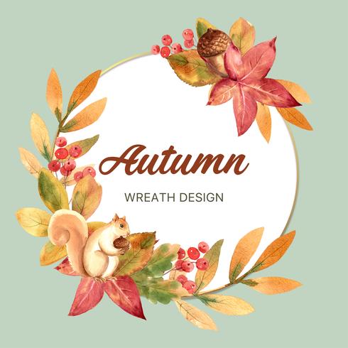 Autumn season wreath frame with leaves and animal. Autumn greetings cards perfect for print ,invitation, template , creative watercolor vector illustration design