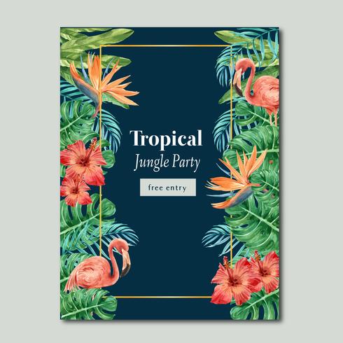 Verano tropical del diseño del cartel con las plantas exóticas, diseño creativo creativo de la plantilla del ejemplo del vector de la acuarela