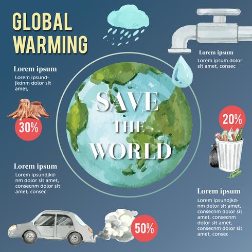 Calentamiento global y contaminación, salvar el mundo, estadística de datos de infografía presente, diseño de plantilla de ilustración vectorial acuarela creativa vector