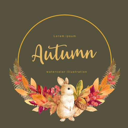 Autumn season wreath frame with leaves and animal. Autumn greetings cards perfect for print ,invitation, template , creative watercolor vector illustration design