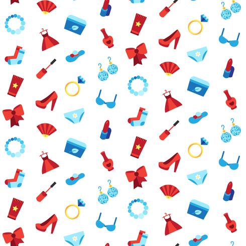 Woman accessories seamless pattern of cosmetics, clothes vector