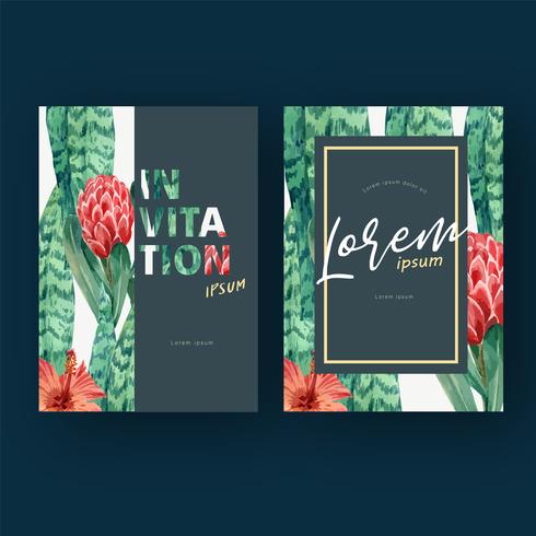 Diseño de invitación de tarjeta tropical verano con plantas follaje exótico, creativo acuarela vector ilustración diseño de plantilla