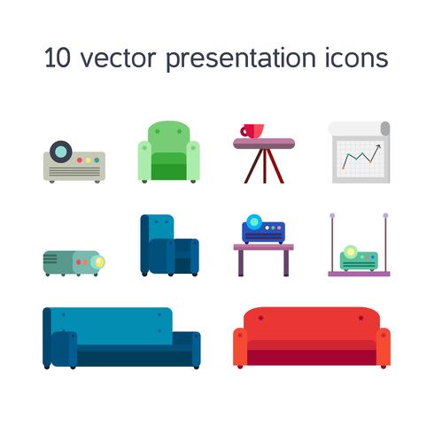 Iconos de presentación con proyector y cómodos asientos. vector