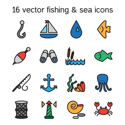 Conjunto de iconos de marina y pesca aislados vector