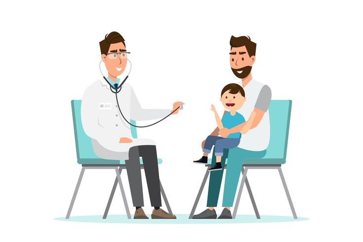 doctor listens to breathing statoscope for kid who sit on his father's lap vector